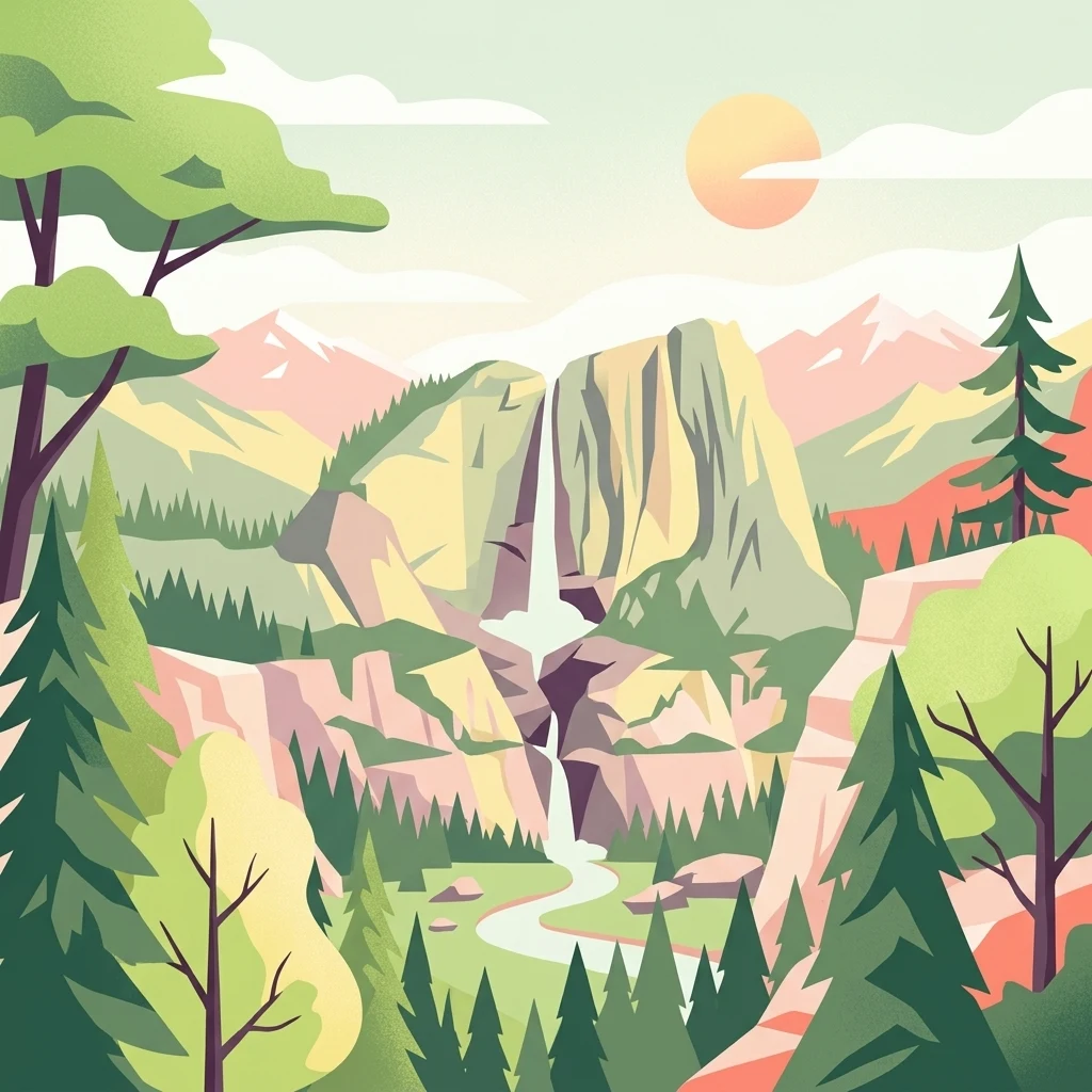 A flat-style digital illustration depicting a mountain valley featuring a prominent waterfall, pine trees, and a setting sun.