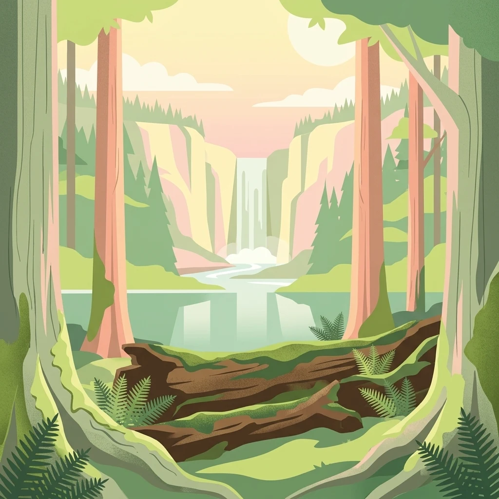 A digital illustration of a dense forest scene framed by large trees in the foreground, with a waterfall and calm water in the background.