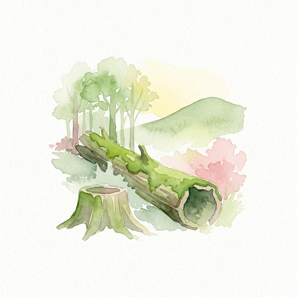 Watercolor painting of a moss-covered fallen tree trunk, a tree stump, and forest trees with hills in the background