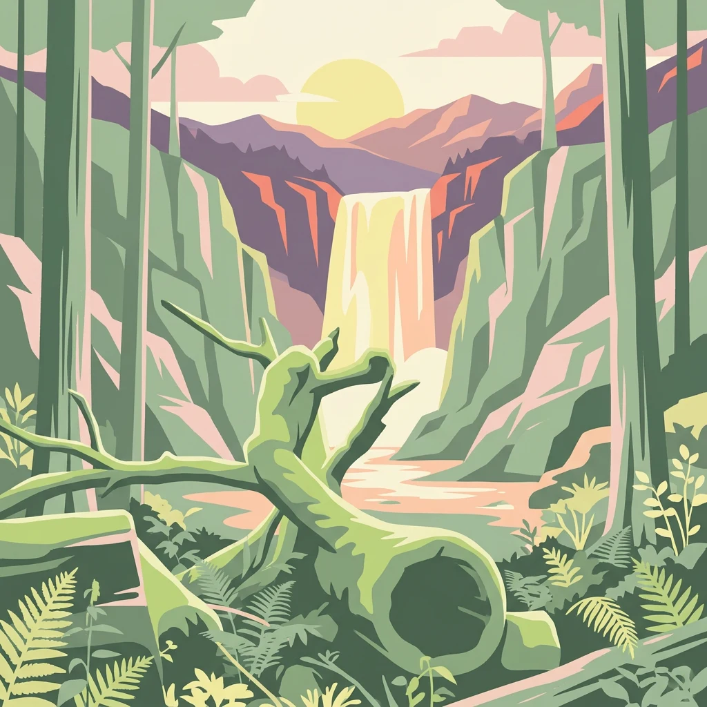 Ilustración estilizada de un paisaje boscoso con una cascada, un árbol caído, helechos y montañas bajo un cielo al atardecer