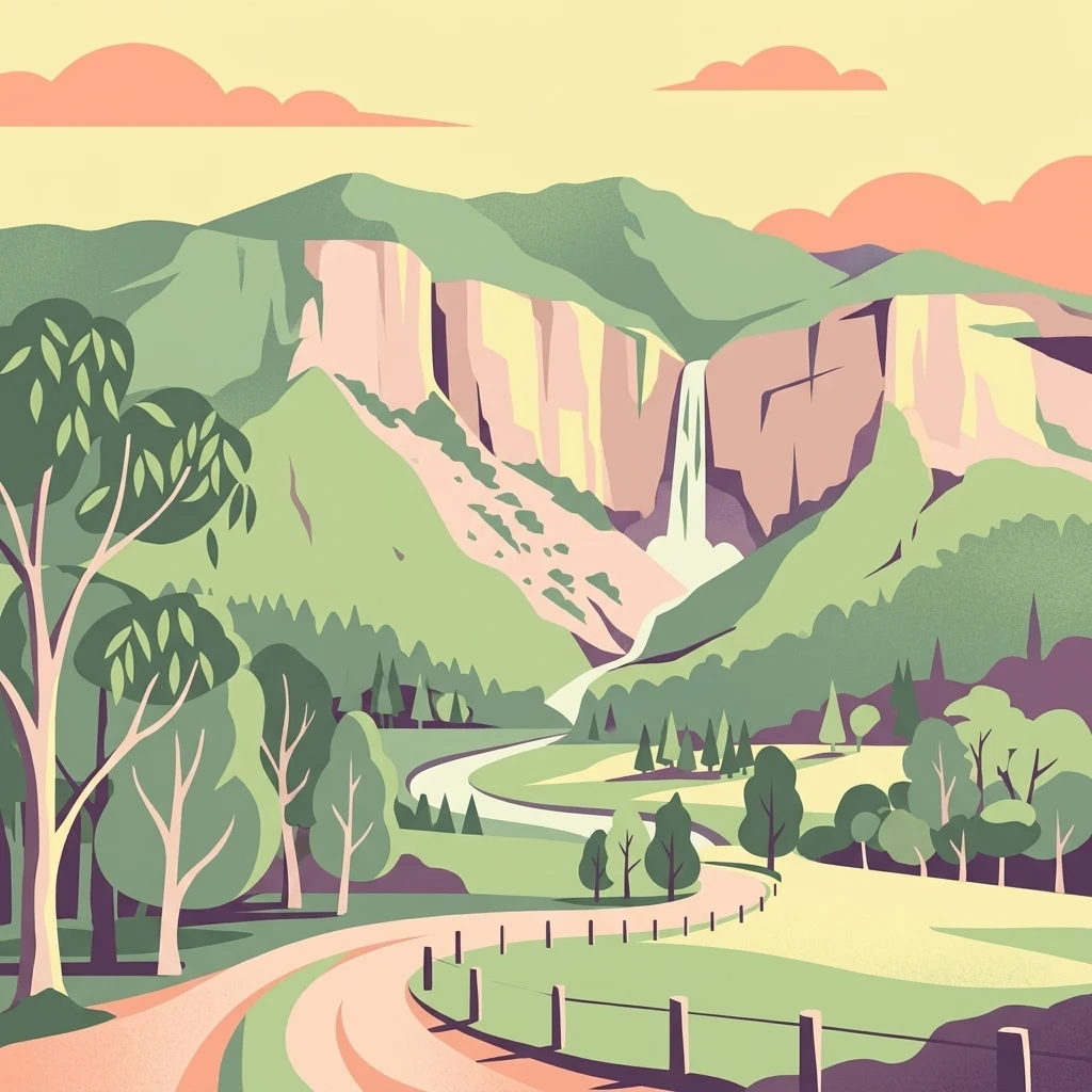 Illustration showing a mountainous landscape with a waterfall, winding dirt road, fence, and trees