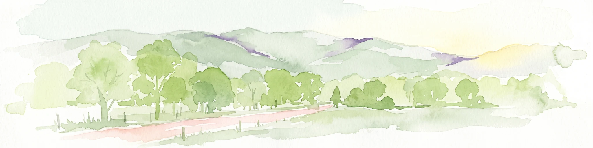 Watercolor illustration showing a landscape with green trees, rolling hills, and a path
