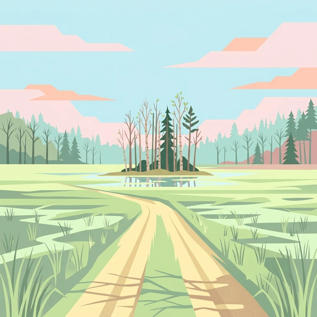 A flat-style vector illustration depicting a dirt road leading towards a small island of trees amidst a flat, green, marshy landscape under a pale sky with pink-hued clouds.