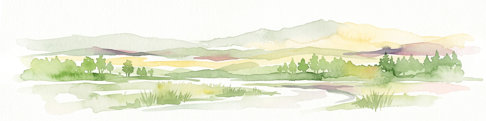 A watercolor painting of a flat wetland landscape with a winding river in the foreground, small clusters of trees, and rolling hills in the soft, distant background.