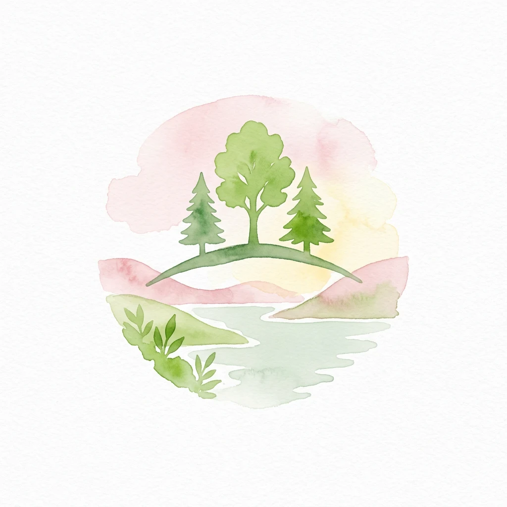 Watercolor illustration showing three trees on a hill with a body of water and vegetation below