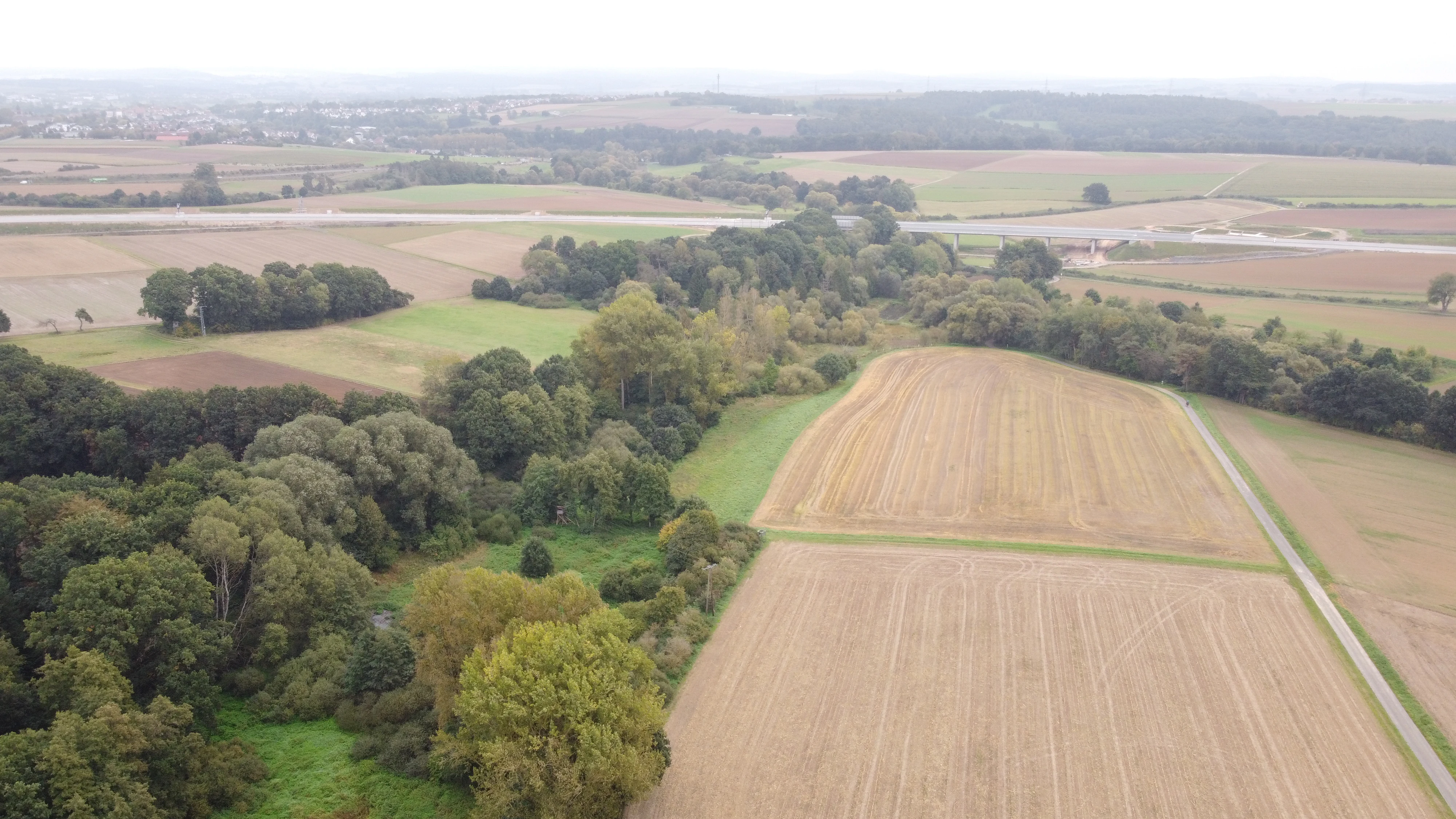 An aerial view showing a mix of green wooded patches, grassy meadows, and cultivated agricultural fields with a road visible in the distance.