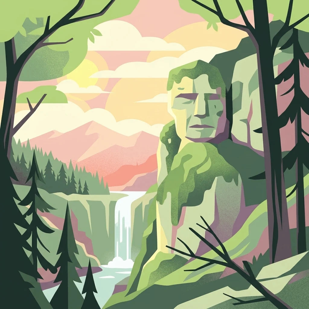A square, stylized vector illustration of a forested mountain landscape featuring a waterfall flowing down a cliff; a prominent rock formation on the right side of the image has features resembling a human face.