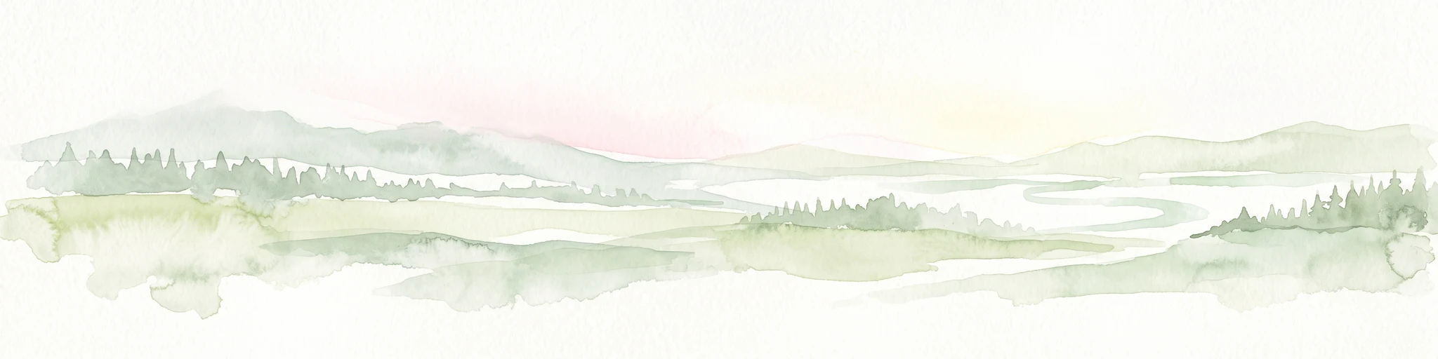 Una ilustración pálida y minimalista en acuarela que representa un suave valle fluvial serpenteante rodeado de colinas lejanas y bosques de coníferas.
