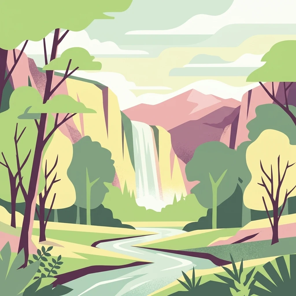 A graphic illustration depicting a serene landscape with a winding river in the foreground, surrounded by trees, with cliffs and a waterfall in the distance under a pale sky.