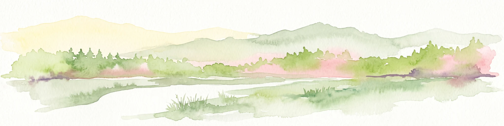 A soft watercolor painting of a low-lying forest landscape with distant gentle hills and a stream in the foreground.