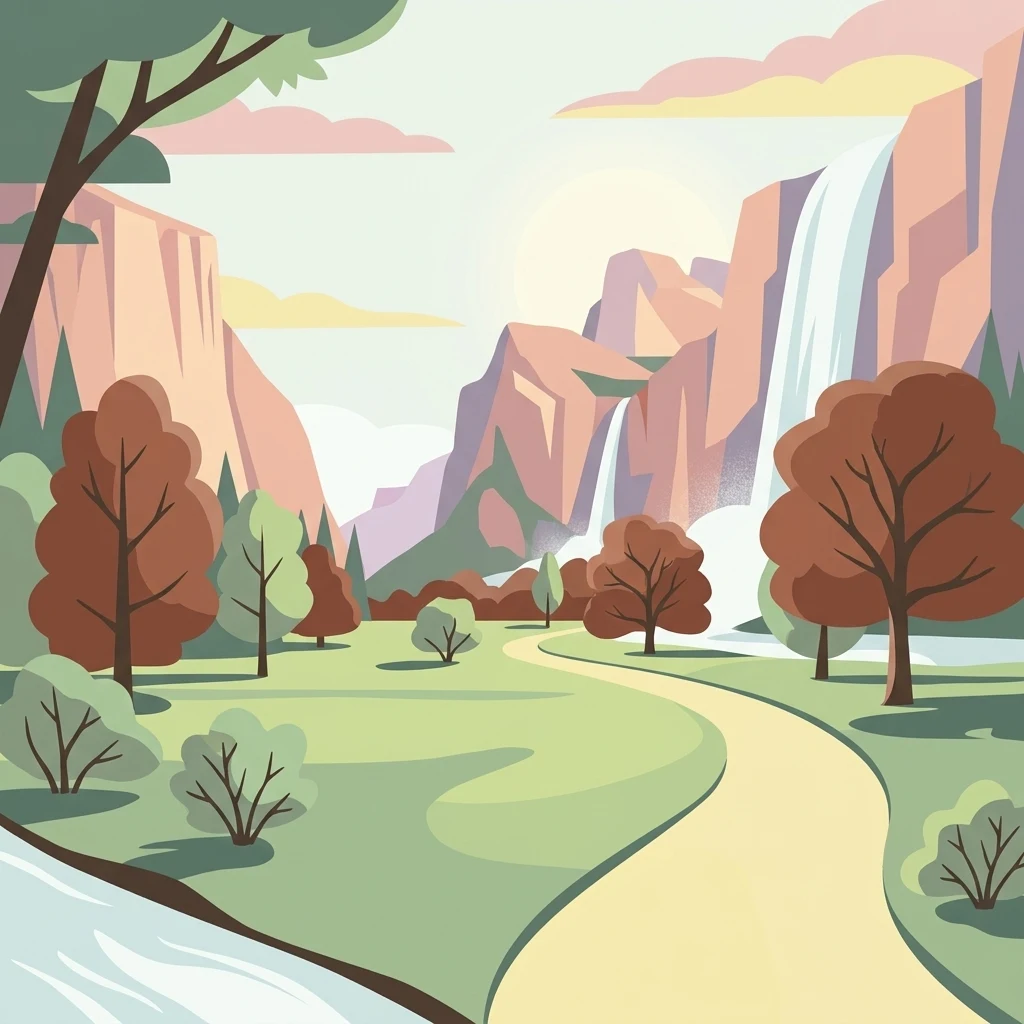 A flat-style digital illustration of a scenic valley with a winding dirt path in the foreground, surrounded by trees, with large cliffs and a waterfall in the background.
