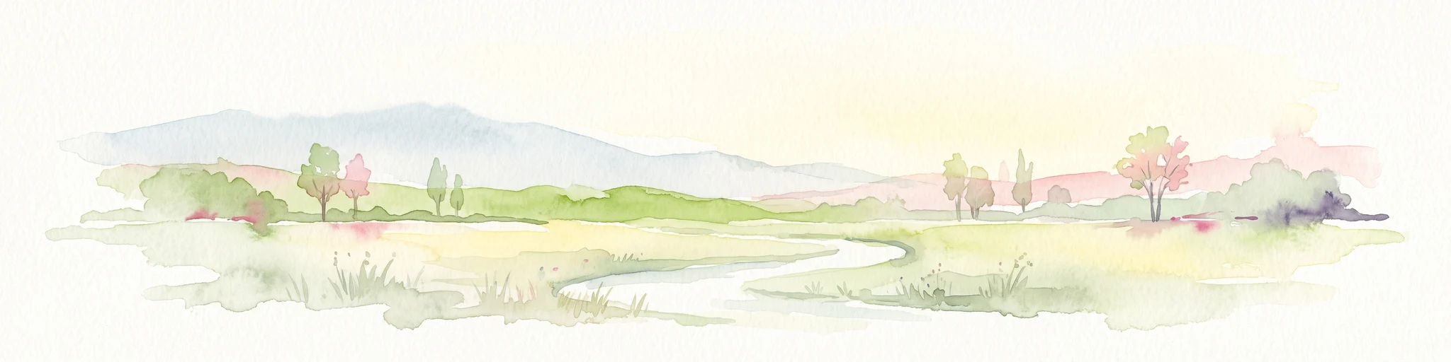 A pale, minimalist watercolor painting depicting an open field with a winding stream, scattered trees, and distant rolling hills on a white background.