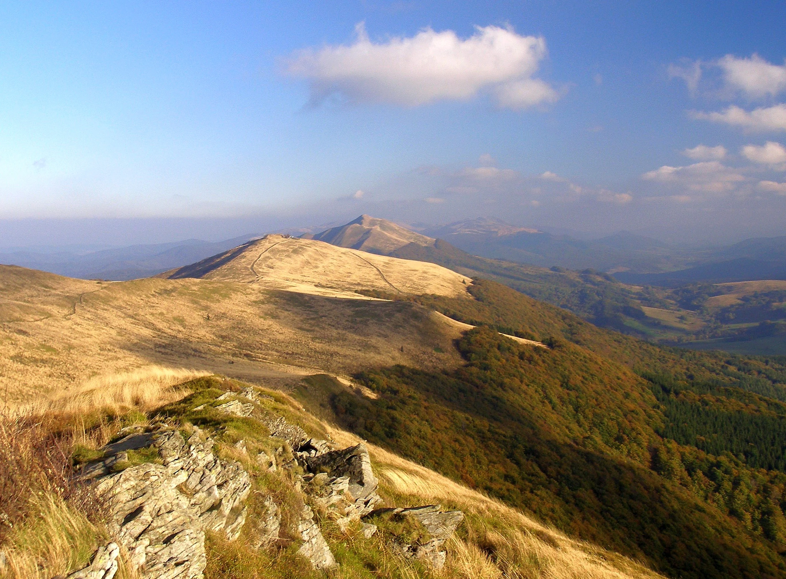 A wide panoramic view of grassy mountain ridges and slopes under a bright sky with sparse clouds, showing the distinctive landscape of the Bieszczady mountains in autumn.