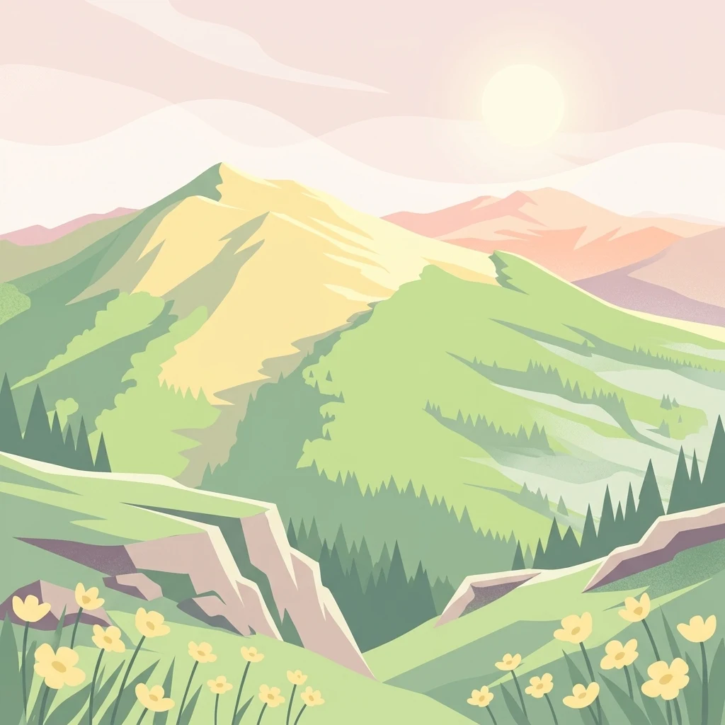 A stylized vector illustration of green mountain slopes and ridgelines under a soft sun, with yellow wildflowers in the foreground.