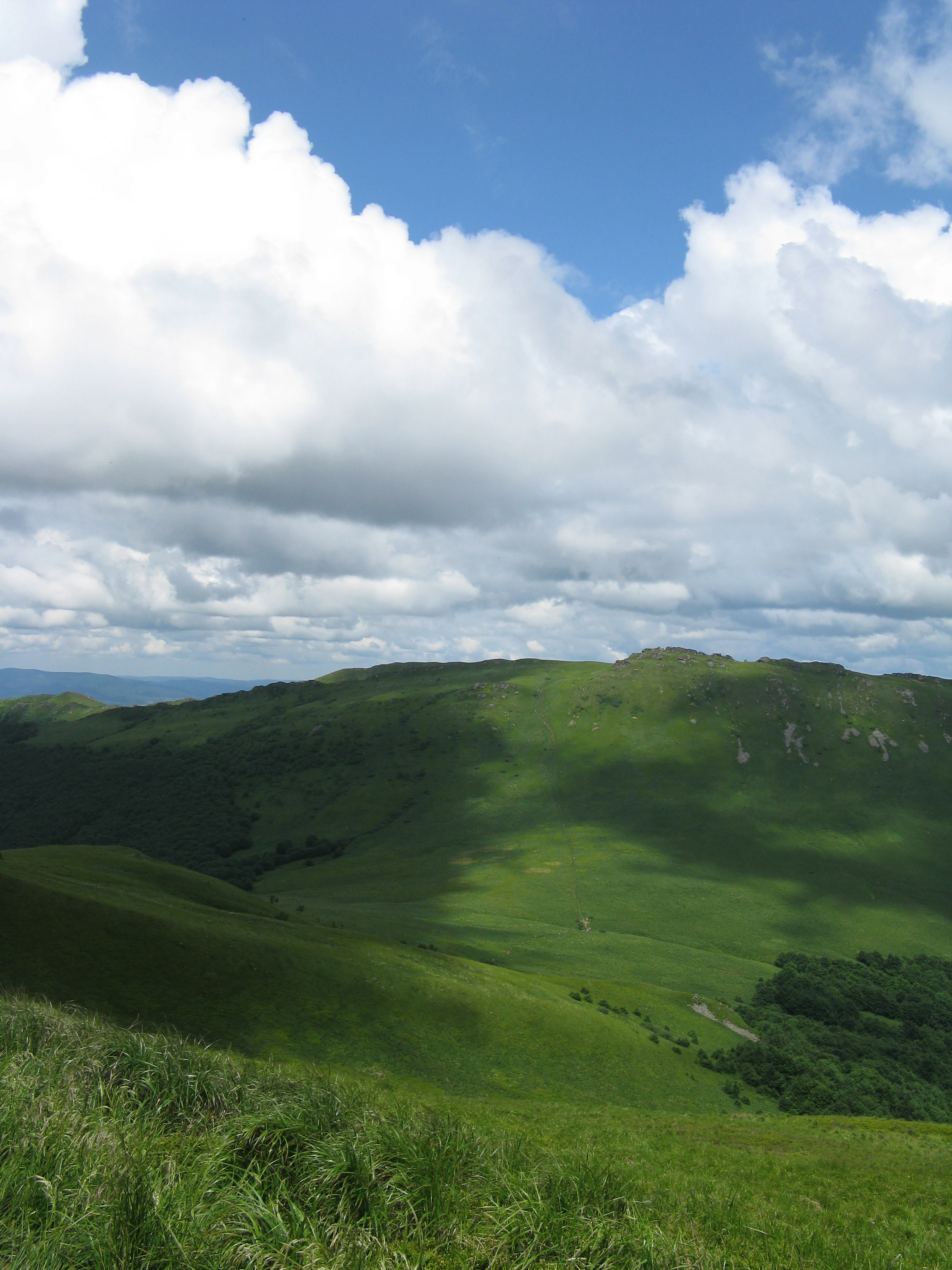 Wide shot of rolling green mountain meadows under a blue sky with white clouds, showing a pass between two ridgelines.