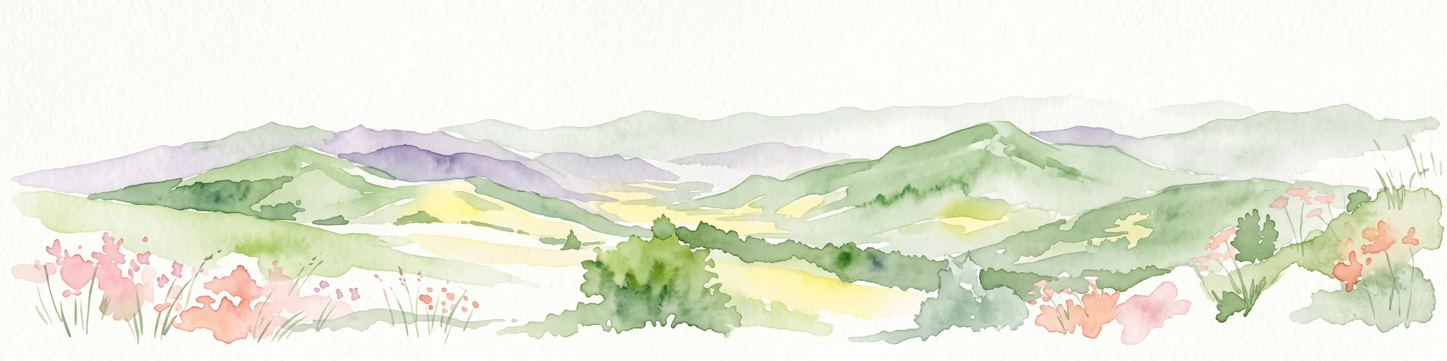 A horizontal watercolor painting depicting a soft, layered landscape of green rolling hills and mountain ridges under a bright, clear sky.
