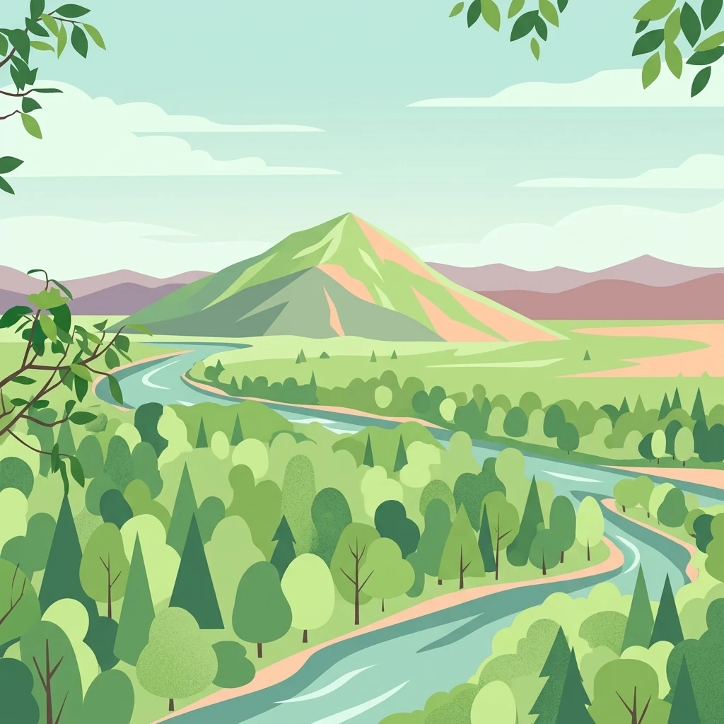 A flat-design illustration showing a winding river flowing through a lush green coniferous forest with a prominent mountain in the background.