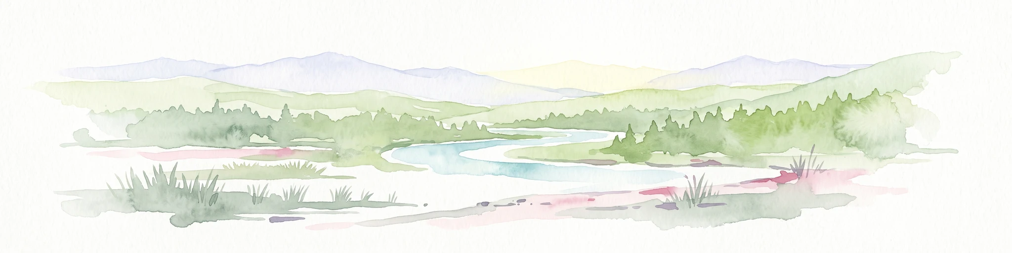 A soft watercolor illustration showing a winding river through a forested valley with rolling hills in the background.
