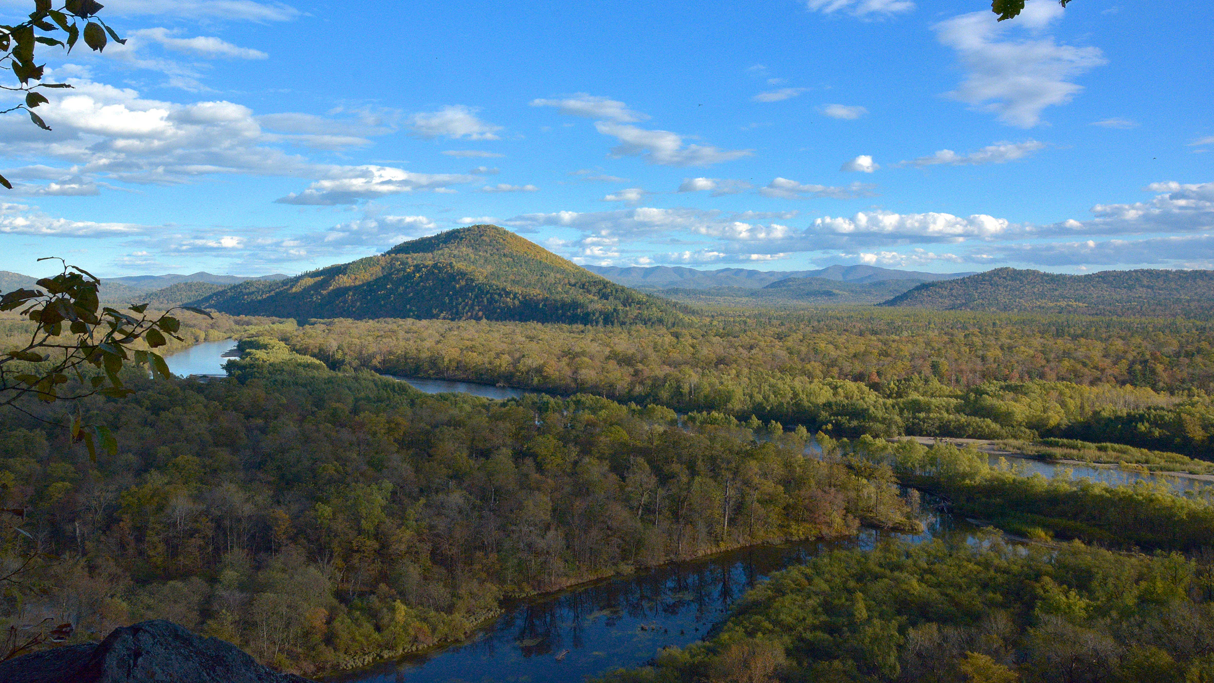 A high-angle, wide-angle landscape shot shows a meandering river flowing through a dense, green forest valley beneath a blue sky with scattered clouds, with a prominent conical hill in the middle distance.