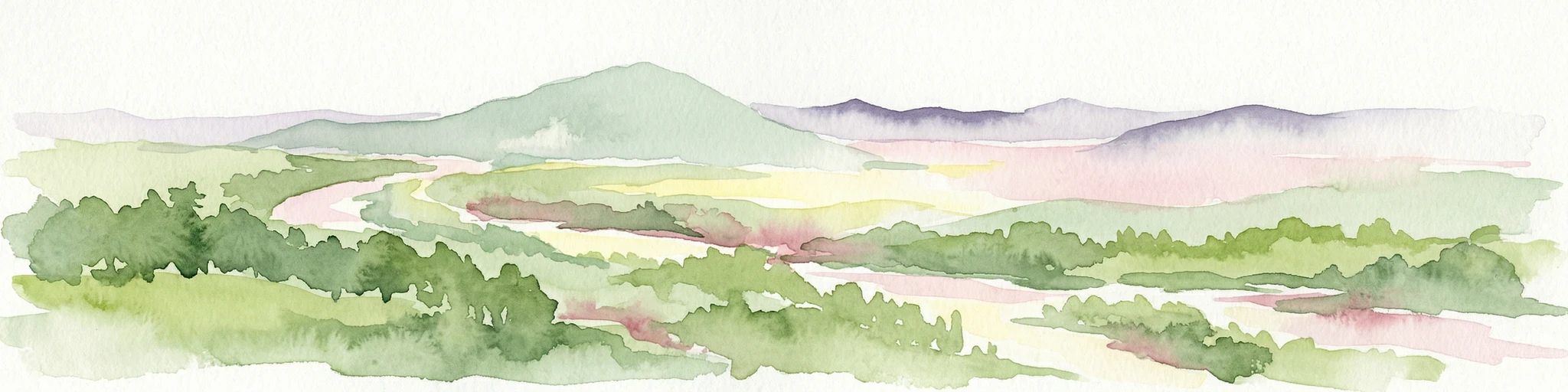 Watercolor painting showing a river flowing through a forested valley with mountains in the background