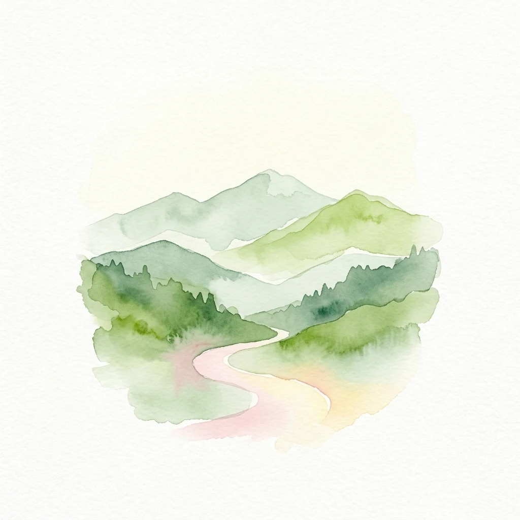 Ilustración en acuarela que muestra montañas verdes con un camino sinuoso a través del paisaje