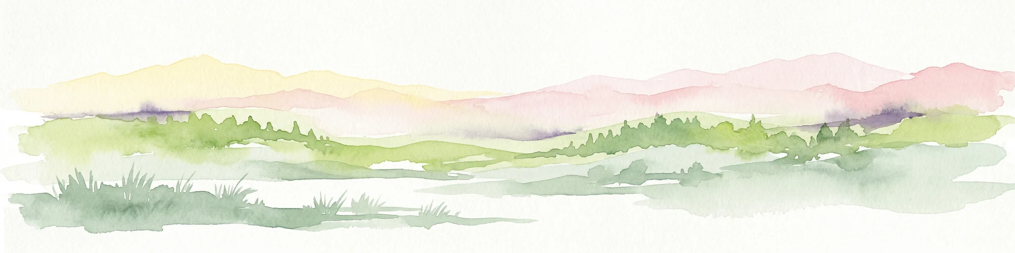 Pintura paisajística de acuarela con campos verdes, colinas y agua bajo un cielo suave