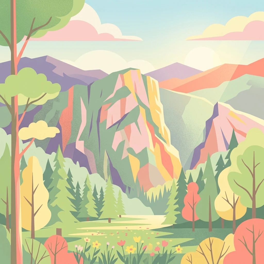 A stylized vector illustration of a mountainous landscape featuring prominent rocky cliffs, a forest of evergreen and deciduous trees, and a sunlit meadow in the foreground with pastel-colored clouds.