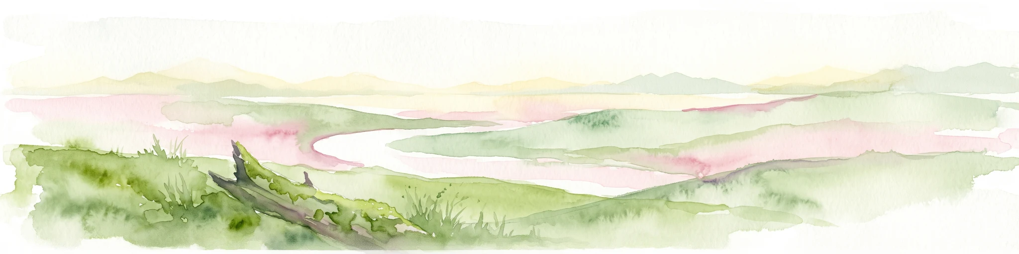 A soft watercolor painting of a serene landscape with rolling green hills, a winding river, and a fallen log in the foreground.