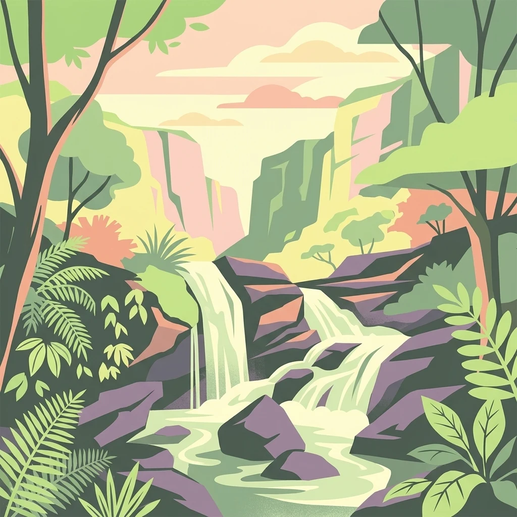 Stylized illustration of a waterfall with rocks, trees, and vegetation