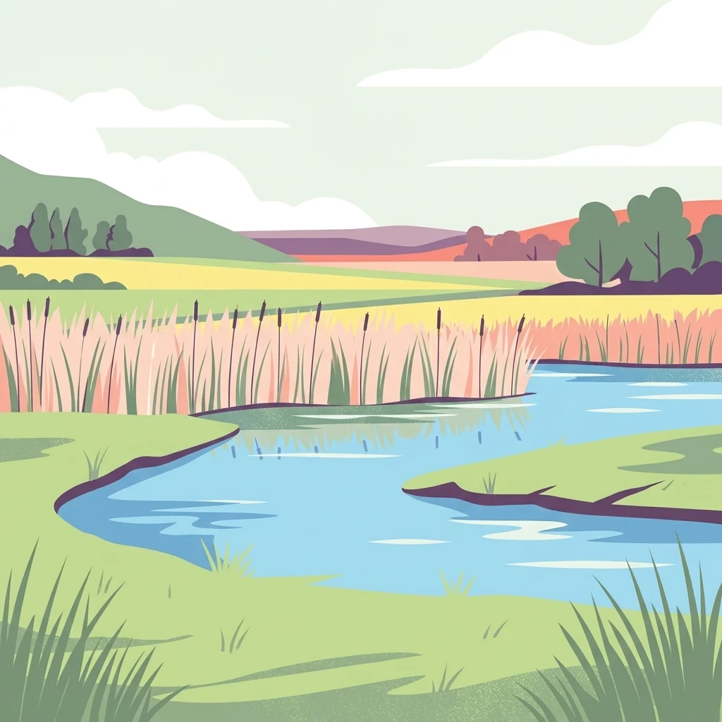 A flat vector illustration of a wetland scene showing a calm blue stream winding through grassy banks and tall reeds under a cloudy sky.