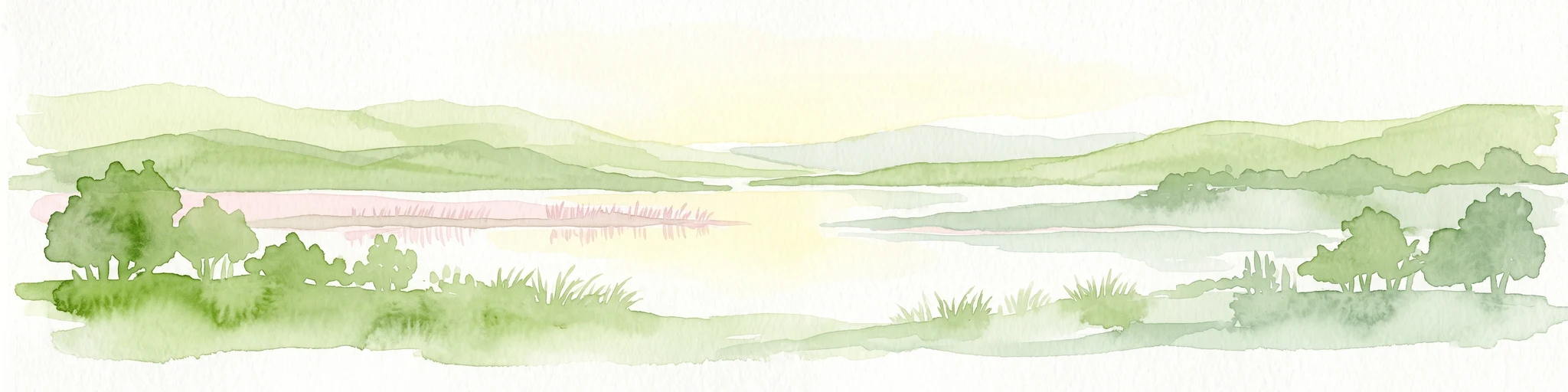 Una pintura horizontal en acuarela que muestra un paisaje de humedal con colinas suaves, vegetación pantanosa y árboles dispersos bajo un cielo claro.