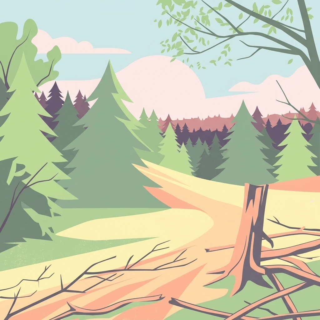 A stylized vector illustration of an inland forest clearing with a sandy path and tree stump in the foreground, surrounded by coniferous trees under a soft pink and blue sky.