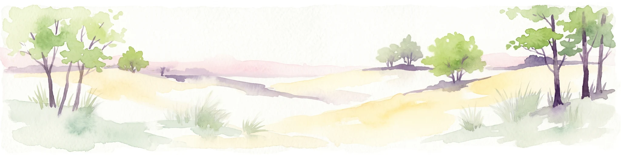 Una ilustración en acuarela de un paisaje de dunas abiertas con arena amarilla suave, hierba verde y árboles dispersos bajo un cielo claro.