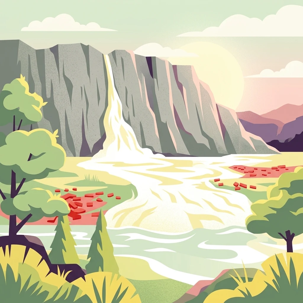 A flat-style vector illustration of a waterfall cascading down a large grey cliff into a river, surrounded by stylized trees and shrubs under a soft sun.