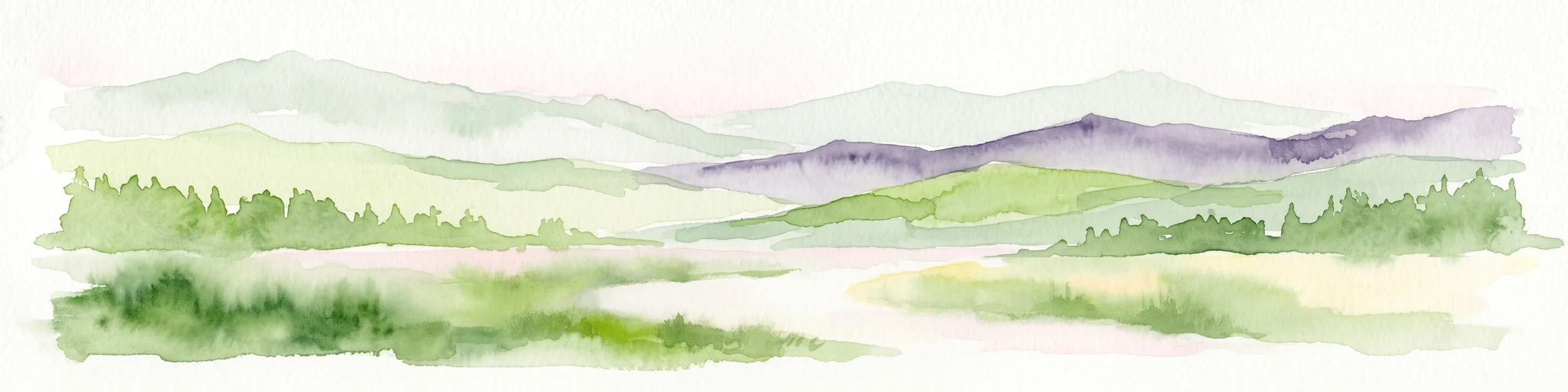 Watercolor illustration depicting a landscape with soft green hills, forest edges, and distant purple-hued mountains.