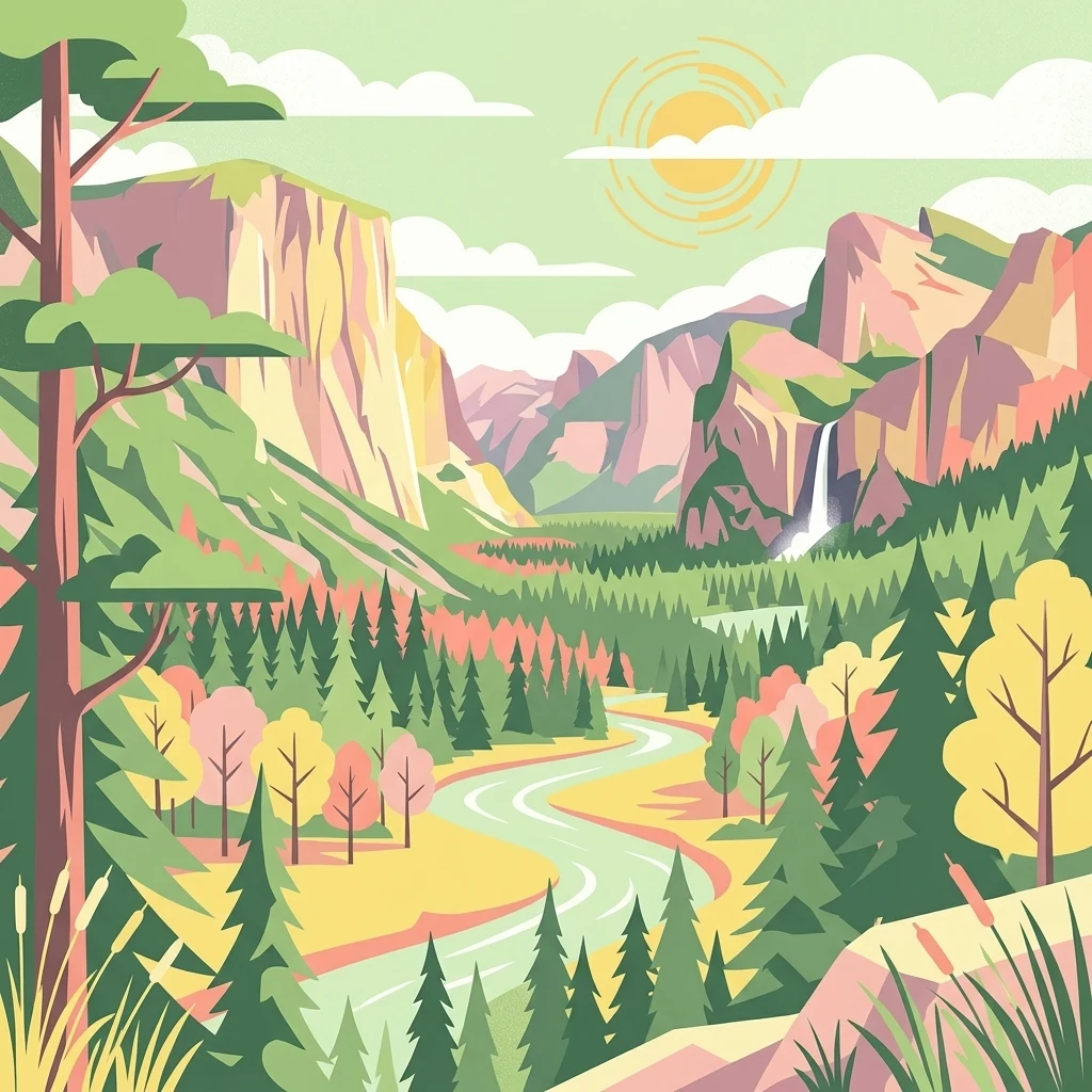 Una ilustración plana de estilo vectorial de un río que fluye a través de un valle montañoso frondoso con acantilados escarpados, una cascada y bosque de coníferas.