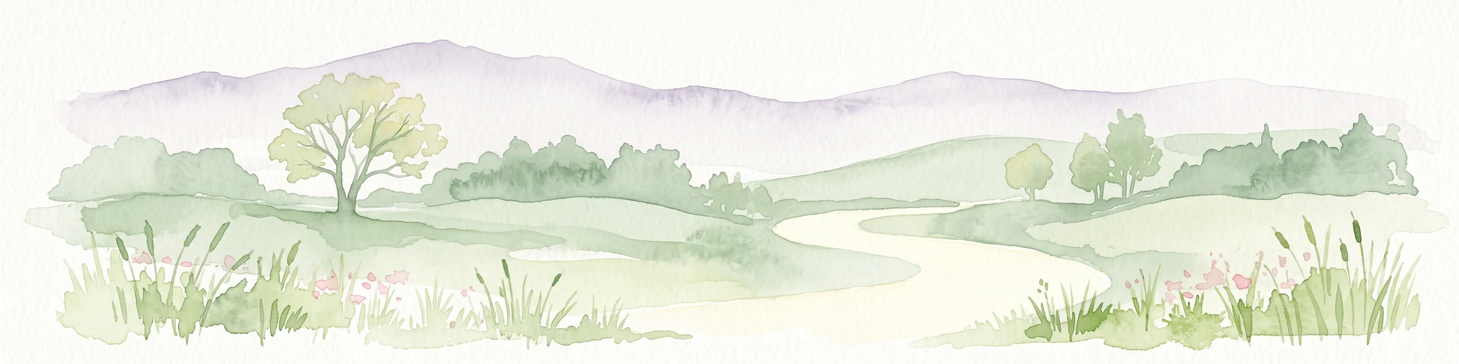 A watercolor painting showing a soft, idyllic landscape with rolling hills in the background, a winding path or stream in the middle ground, and grasses and trees in the foreground.