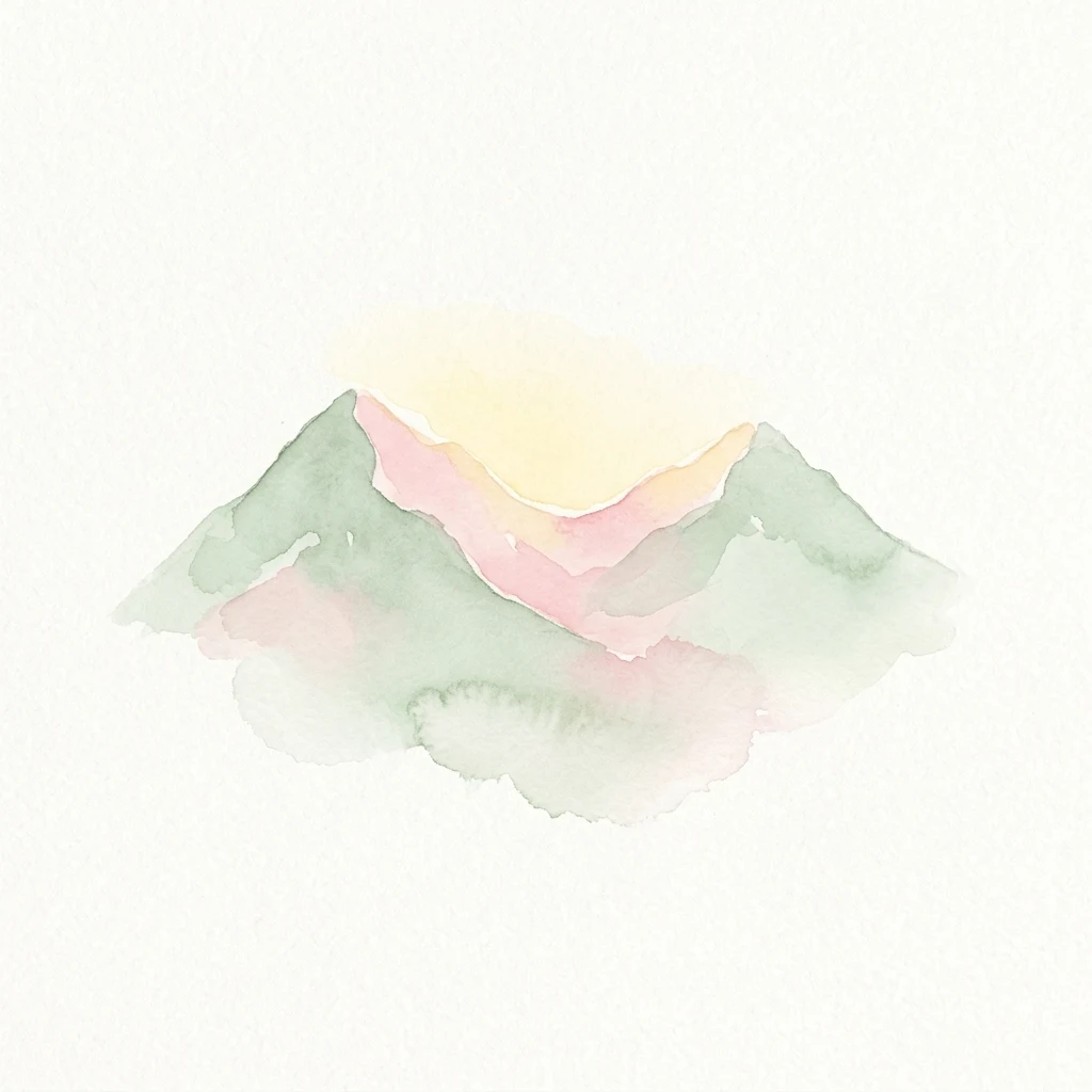 Watercolor painting of green and pink mountain peaks under a yellow sky