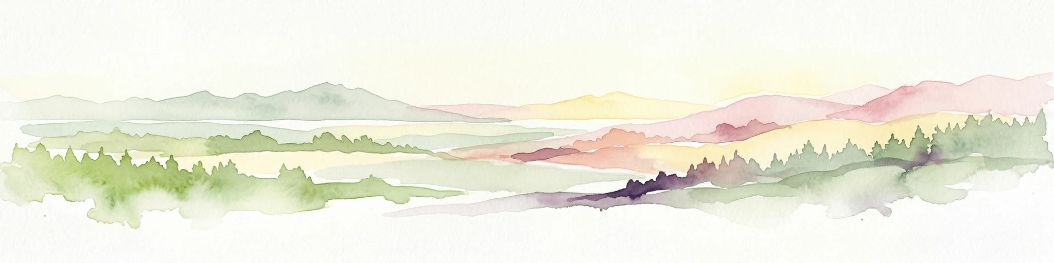 Pintura de acuarela que muestra un paisaje montañoso con bosques verdes, valles y colinas distantes