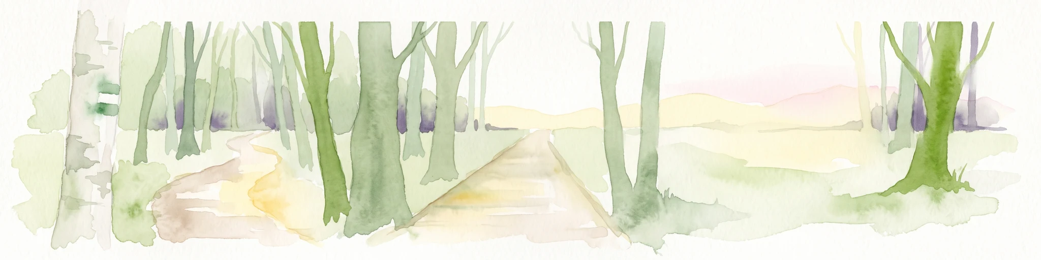 Una pintura en acuarela que muestra un sendero de color claro que se adentra en un bosque de árboles verdes contra un cielo pálido.