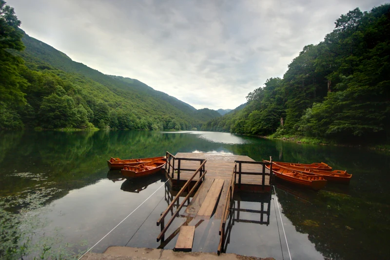 A wooden dock on a quiet lake at Biogradska Gora with several small orange rowboats moored to it, set against a backdrop of lush green forested mountains under a cloudy sky.