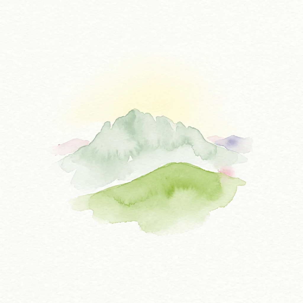 Ilustración acuarela de montañas verdes y grises bajo un cielo amarillo pálido