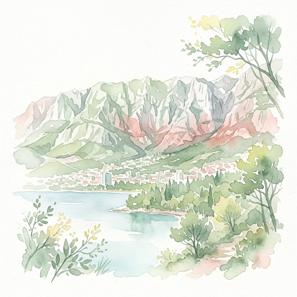 Ilustración de acuarela que representa un paisaje montañoso con un lago, árboles y un pueblo costero