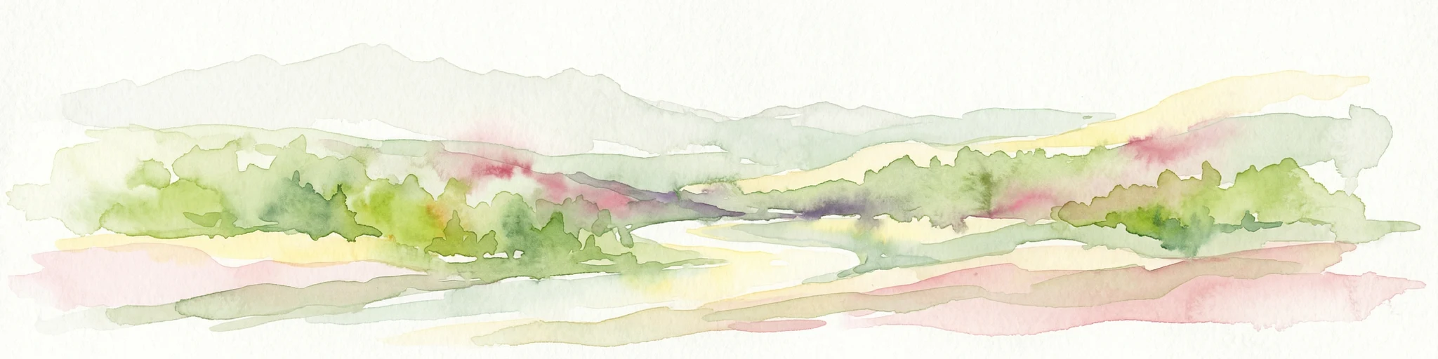 Ilustración en acuarela de un paisaje con colinas verdes, un río y montañas a lo lejos bajo un cielo claro