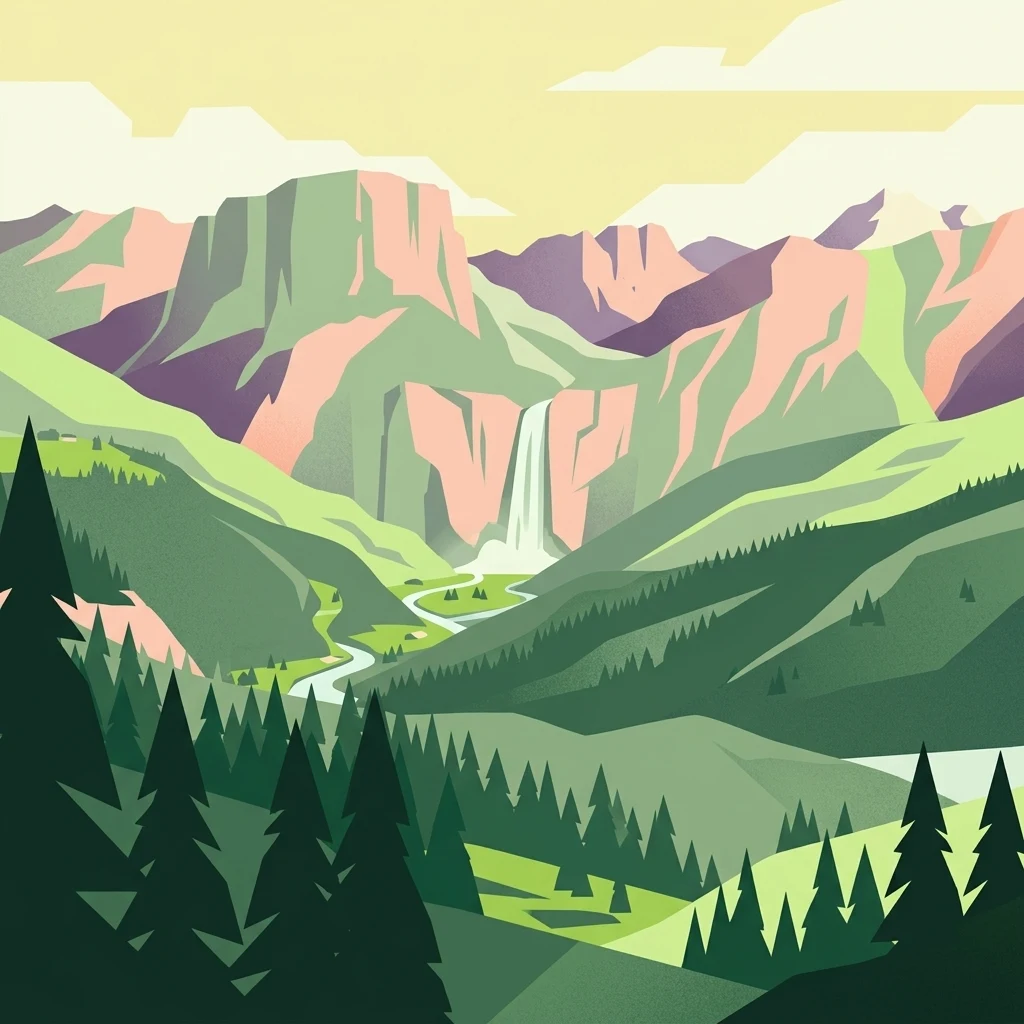 Digital illustration of a high alpine valley in Biosfera Val Müstair, featuring jagged peaks, a central waterfall, a meandering river, and a foreground of evergreen trees.