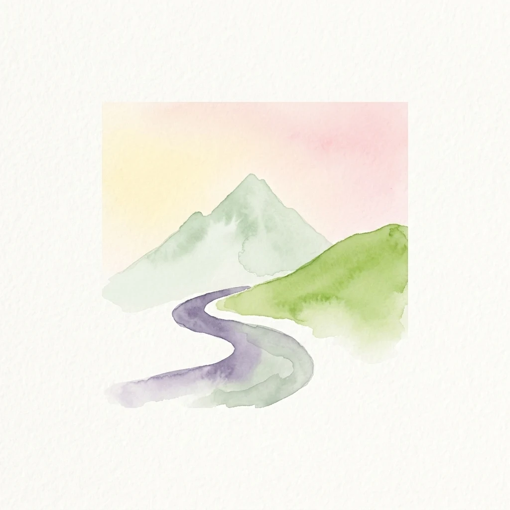 A watercolor illustration showing a winding purple path leading towards a pale green mountain and a bright green hill against a soft pink and yellow sky.