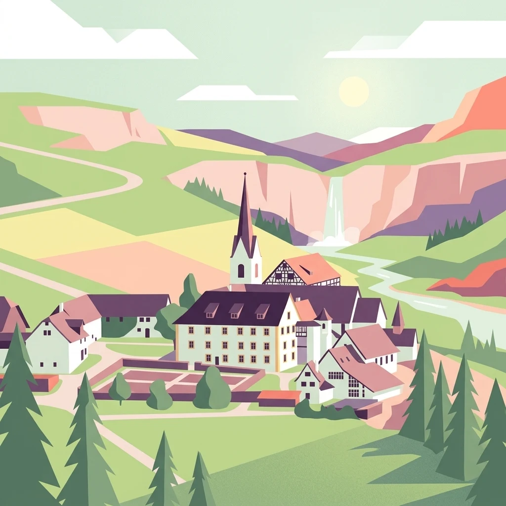 Flat-style vector illustration of a village with a tall church steeple, surrounded by pine trees, with rolling green hills, a waterfall, winding road, and mountains under a pale sky with clouds.