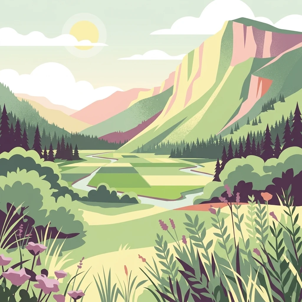 A flat-style digital illustration of a mountainous landscape with a river winding through a green valley, wildflowers in the foreground, and pine forests at the base of the mountains.
