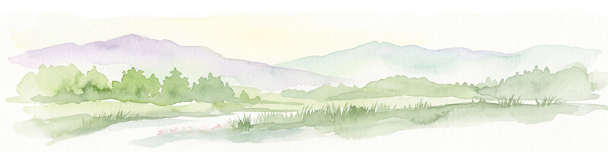 A watercolor painting showing a panoramic view of a green wetland landscape with soft purple mountains in the background.