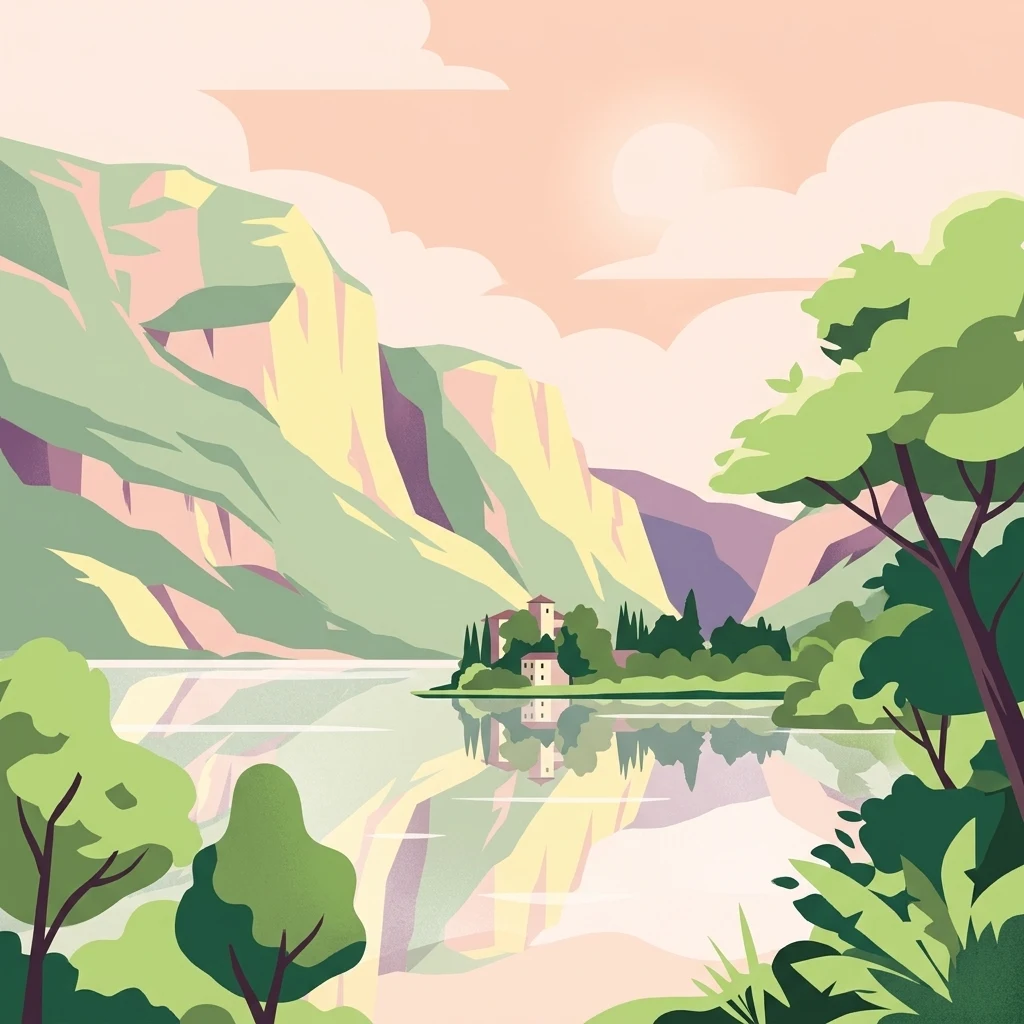 Una ilustración plana y estilizada del Lago de Toblino, con un lago tranquilo que refleja un castillo de piedra en la orilla, rodeado de árboles verdes y montañas imponentes bajo un cielo rosa pálido.